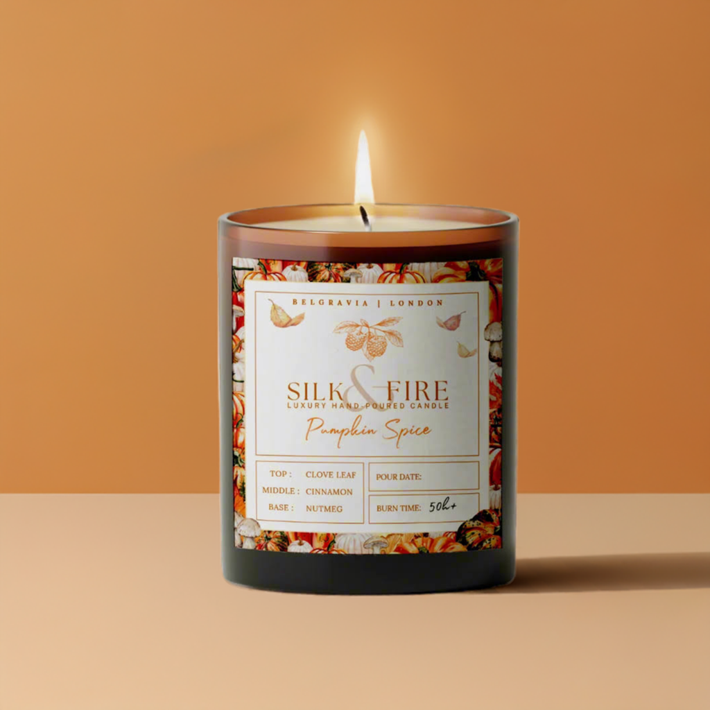 Pumpkin Spice Aromatherapy Scented Candle. Autumn / Fall Special. Clove Leaf, Cinnamon, Nutmeg. Only Essential Oils Non-Toxic. Silk & Fire Hand Poured in London.