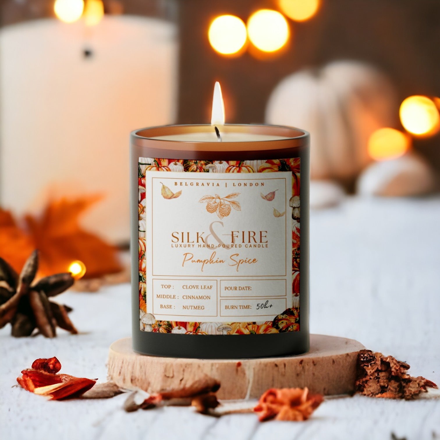Pumpkin Spice Aromatherapy Scented Candle. Autumn / Fall Special. Clove Leaf, Cinnamon, Nutmeg. Only Essential Oils Non-Toxic. Silk & Fire Hand Poured in London.